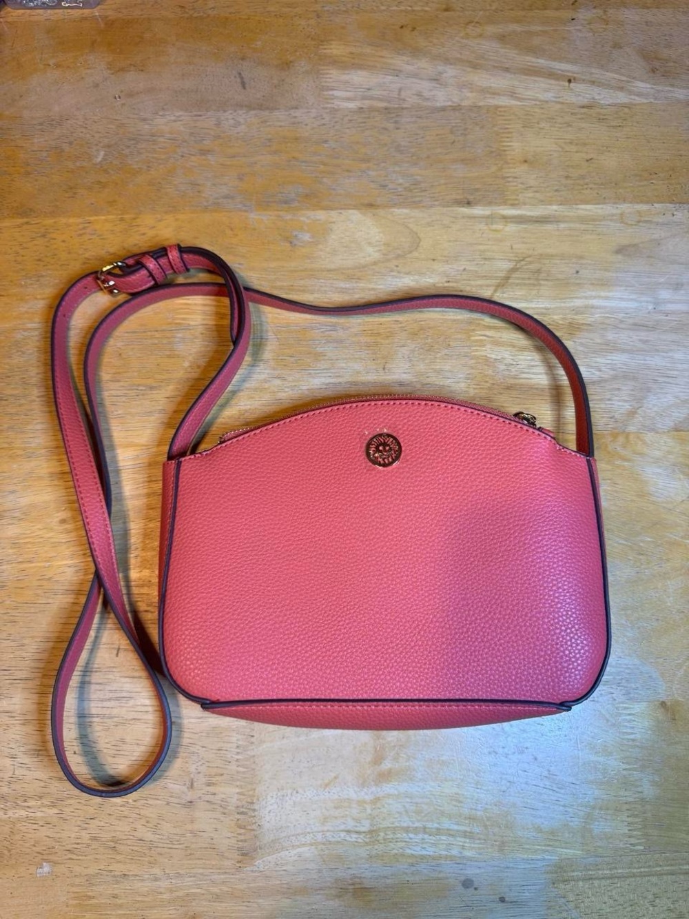 Anne Klein Coral Pink Pebbled Crossbody Bag with Logo Medallion